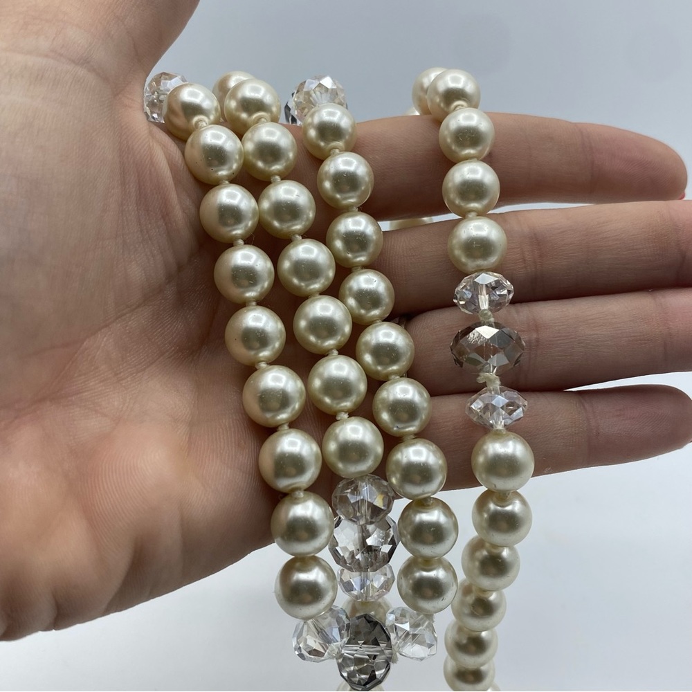 Kissaka Signed Hand Knotted Faux Glass Pearl Necklace Faceted Crystal Long - Picture 8 of 8